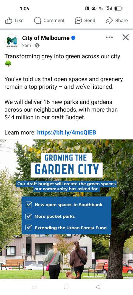 Screen shot of City of Melbourne Facebook post. The post says Melbourne listened to its community when they said parks and green space are top priority and has allocated $44 million in it's budget to new open space, pocket parks and urban forest fund
