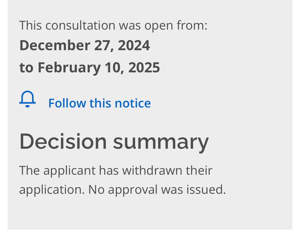 This consultation was open from:
December 27, 2024
to February 10, 2025
A Follow this notice
Decision summary
The applicant has withdrawn their application. No approval was issued.