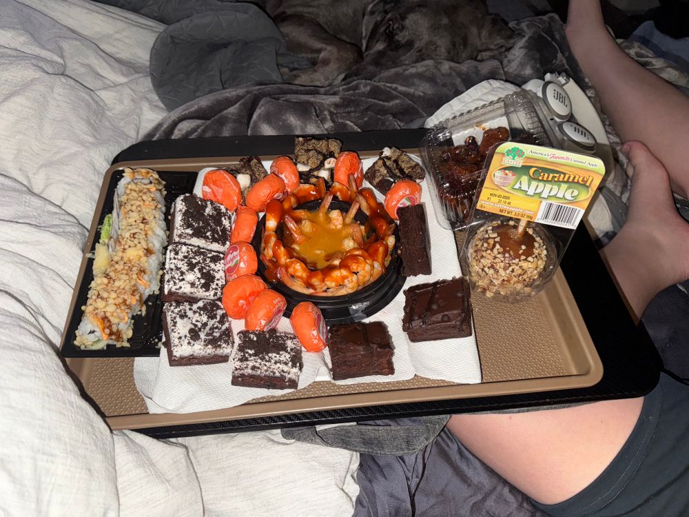 Bubba’s picky tea tray- Gouda cheese, caramel apples, brownies, sushi, cocktail shrimp, and BBQ chicken.