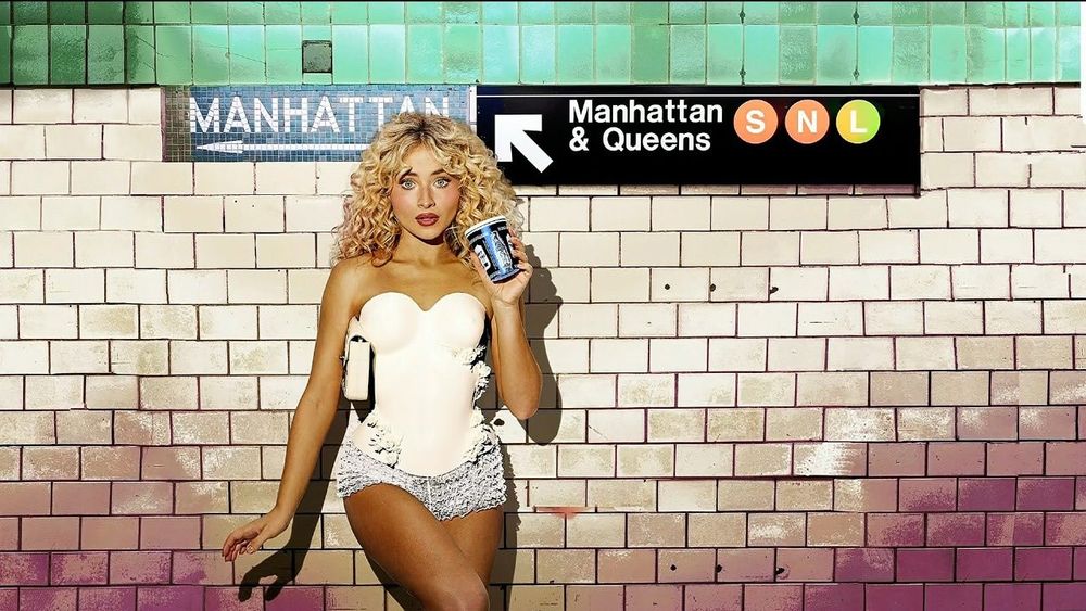 sabrina carpenter for snl, standing beside a manhattan & queens subway station sign. 