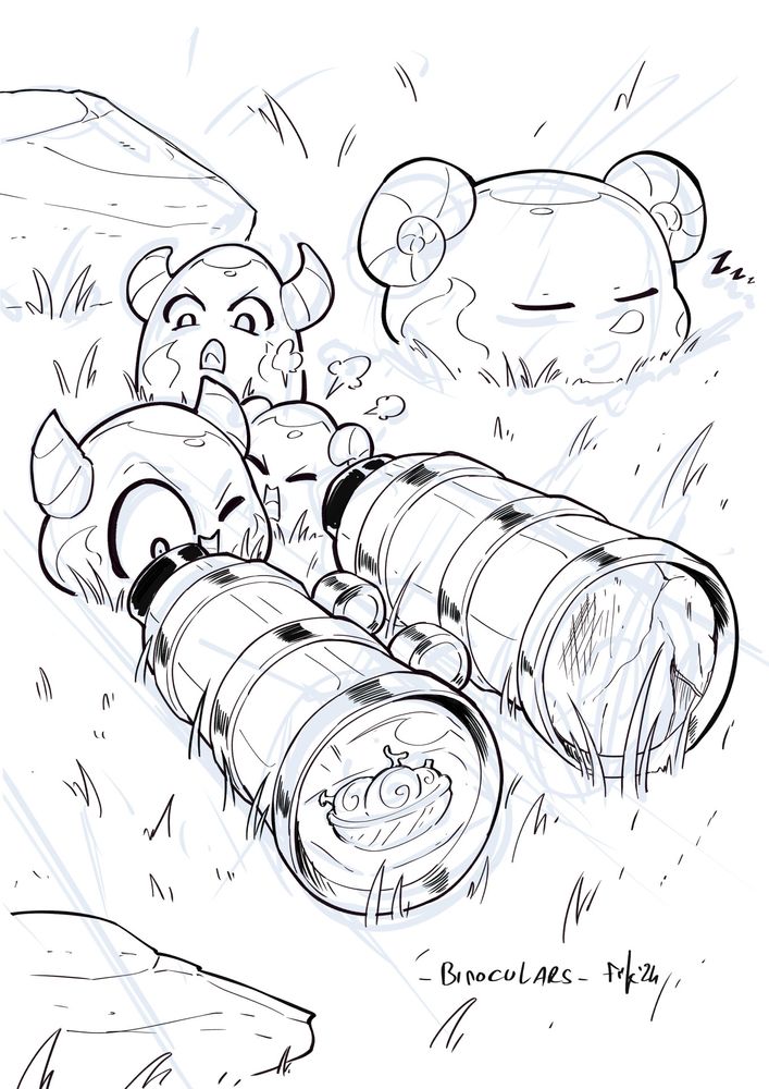 Des clobs (blobs à cornes) regardent dans des jumelles. Y'en a un qui regarde, deux qui ralent et un qui dors au fond.