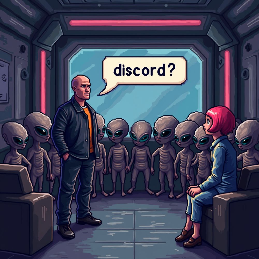 pixel art of a middle aged man with no hair asking "discord?" standing across the room full of aliens and a woman with short pink hair on the other side of the room- background in a spaceship