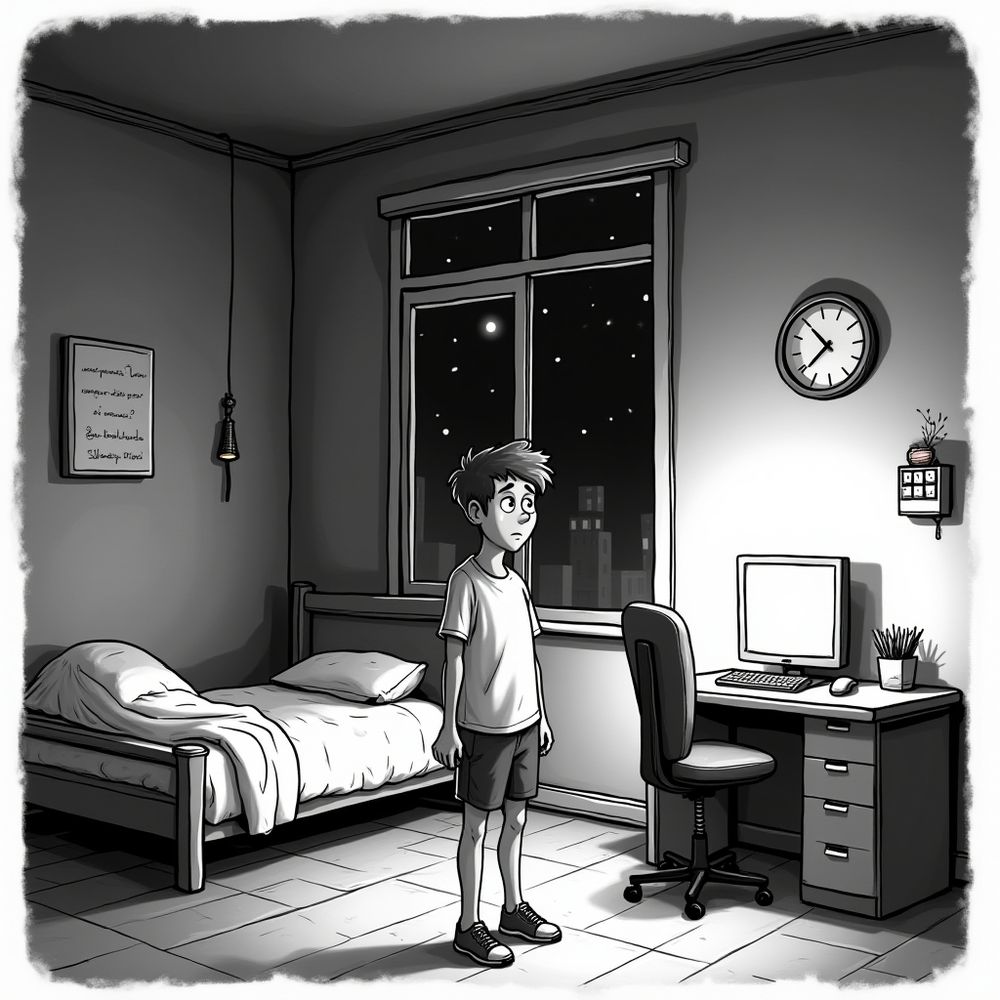 black and white newspaper comic strip teenager standing in the middle of a bed room with a bed on the left and a glowing computer with desk chair on the right, a clock in the background at midnight, and dark outside.  Teenage looks tired and is decided weather to sleep of play on computer