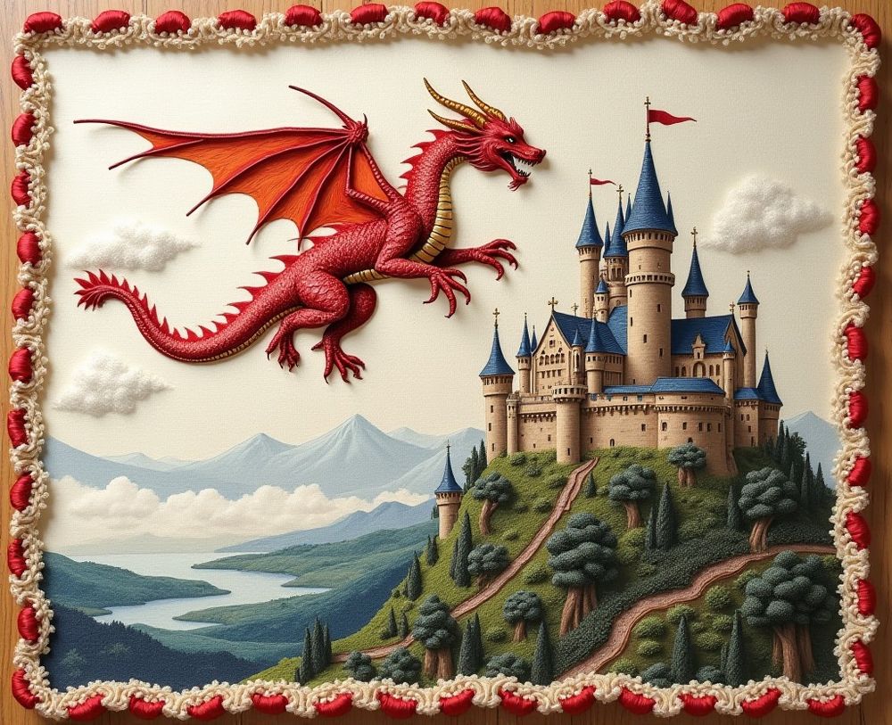 embroidered cloth of a dragon flying over a castle. busy image, hand embrodery.  Fancy edging along the side of the cloth