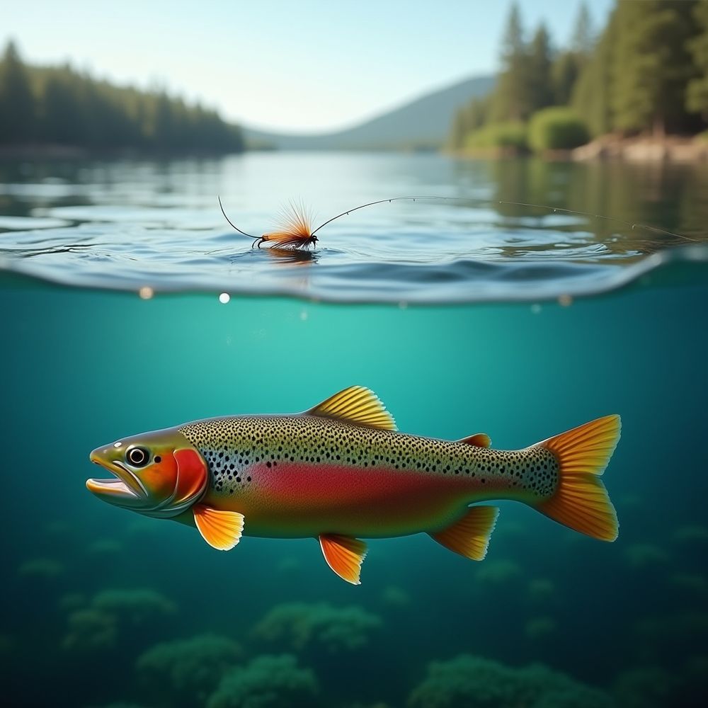 A stunning hyperrealistic digital artwork, split composition, revealing the intricate beauty of fly fishing. The top half captures a serene lake surface, with a delicate fly fishing fly delicately floating on the water's surface. The bottom half plunges beneath the waves, revealing a vibrantly colored and exquisitely detailed trout, poised to strike the fly. The water in both realms is crystal-clear, allowing the viewer to witness the fascinating interplay between the above and underwater worlds.