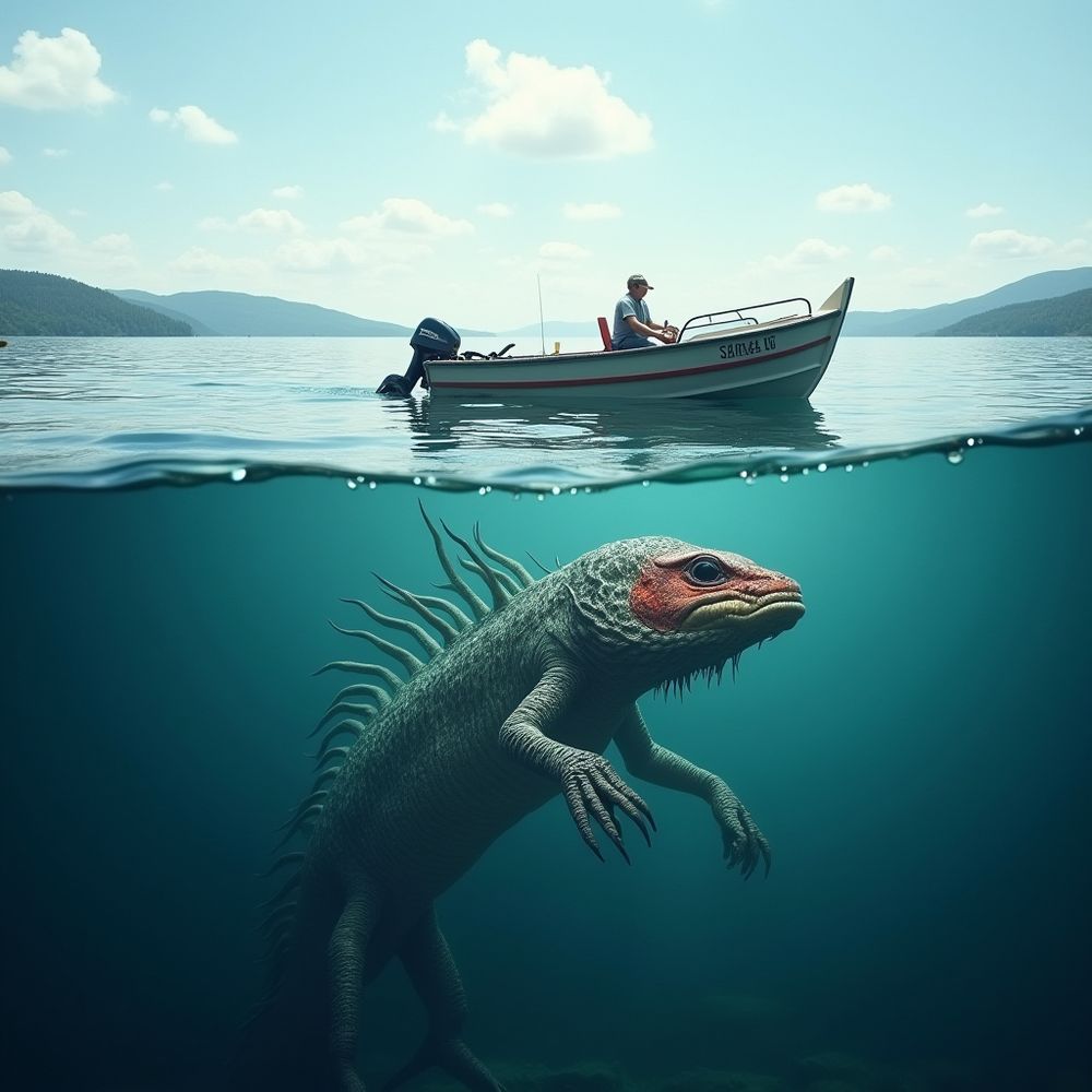 A hyperrealistic, split composition, revealing the intricate beauty of the world. The top half captures a serene lake surface, with a small boat delicately floating on the water's surface. The bottom half plunges beneath the waves, revealing a vibrantly colored and exquisitely detailed monster, poised to strike the boat. The water in both realms is crystal-clear, allowing the viewer to witness the fascinating interplay between the above and underwater worlds.