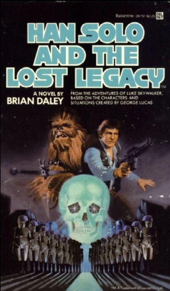 Cover for the novel Han Soli and the Lost Legacy, featuring Han and Chewie with blasters leveled superimposed over a scene of battle droids standing in front of a crystal skull. Art by William Schmidt.