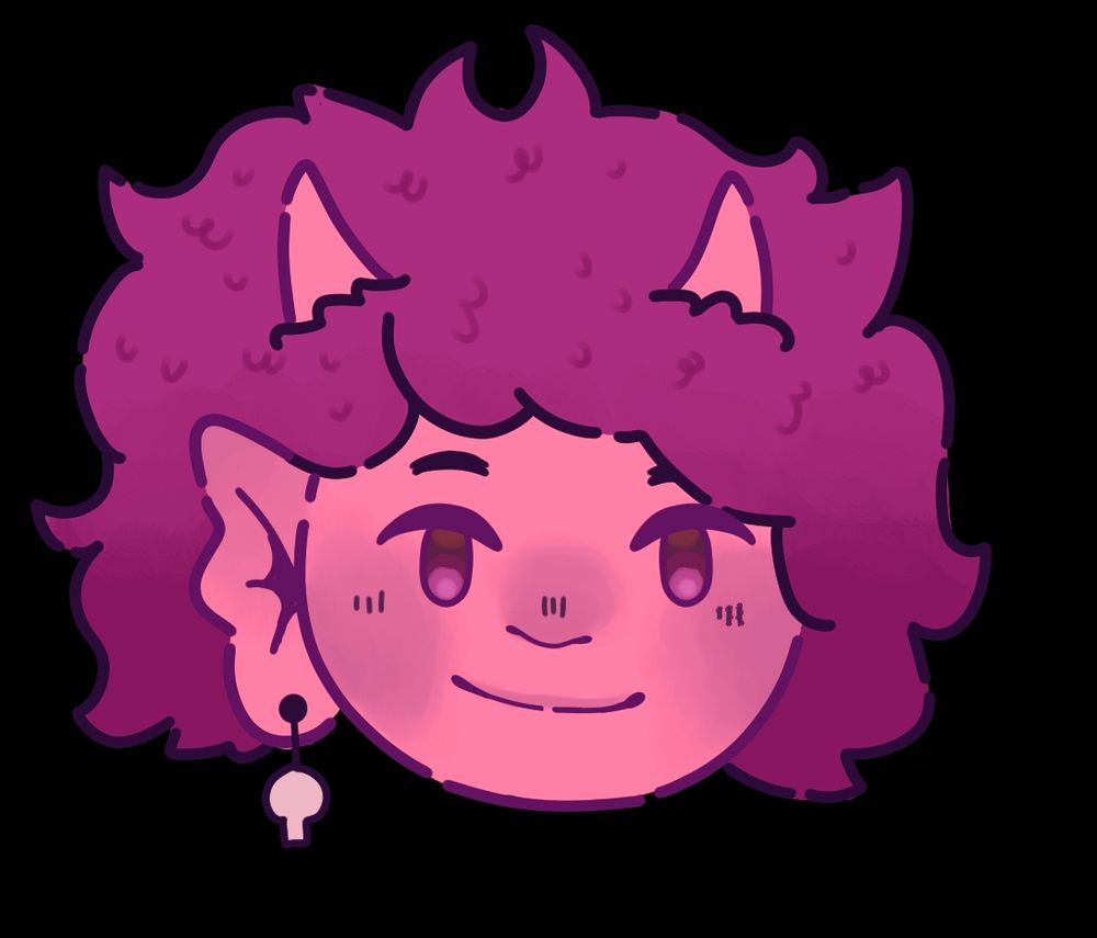 A graphic stylised headshot of my OC rose (designed by HoneyFinnz on TH) she has pink skin and curly/fluffy magenta hair. She has large fin-like ears with a skull earring on the left. She has two little horns where antennas would come out of. She is looking at  the viewer smiling slightly. She has pink eyes and a darker pink blush over her face. 