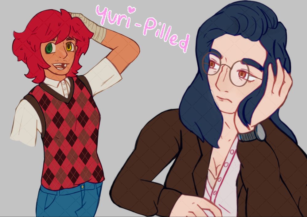 A digital drawing of Prince's OCs Noble and Caine, as women. Noble looks no different as a girl, except for small but visiable breasts under her top. Caine looks very different, as a woman she has long flowy hair, a sharper face and a slightly different outfit with a unbuttoned shirt. There is text on the black background that says 'Yuri-Pilled'