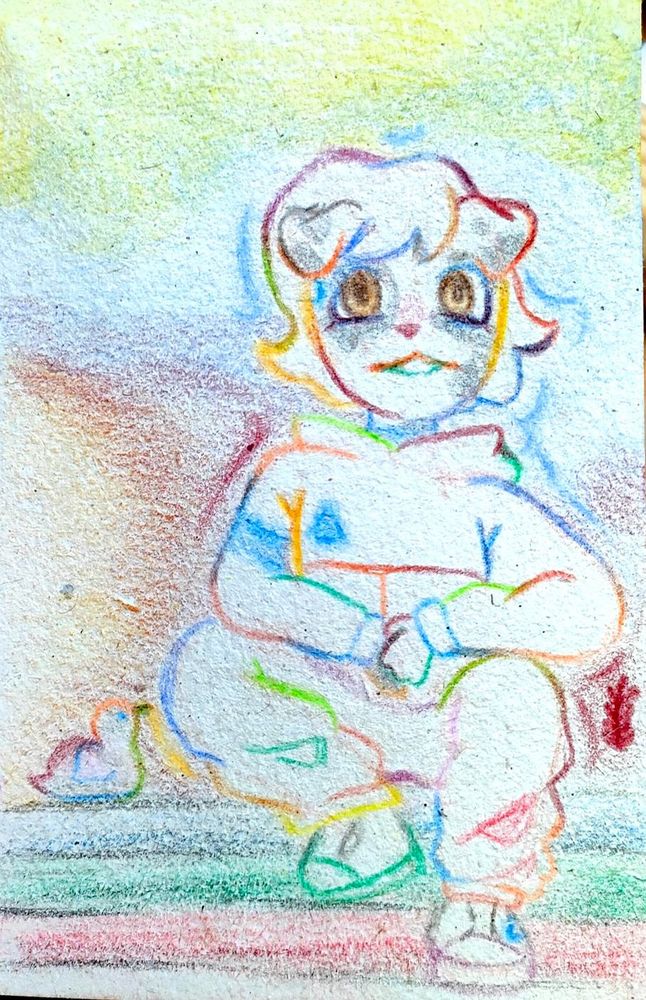 A traditional drawing done in various colour pencils of a furry dalmation OC wearing a baggy outfit. She is sat on stairs next to a pigeon. The drawing has been digitally edited to enhance the saturation of the colour.