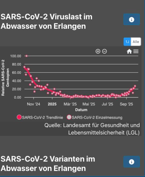 SARS-CoV-2 Abwassermonitoring: Die Werte für Erlangen, hier die vergangenen 12 Monate, die Kurve steigt deutlich an.