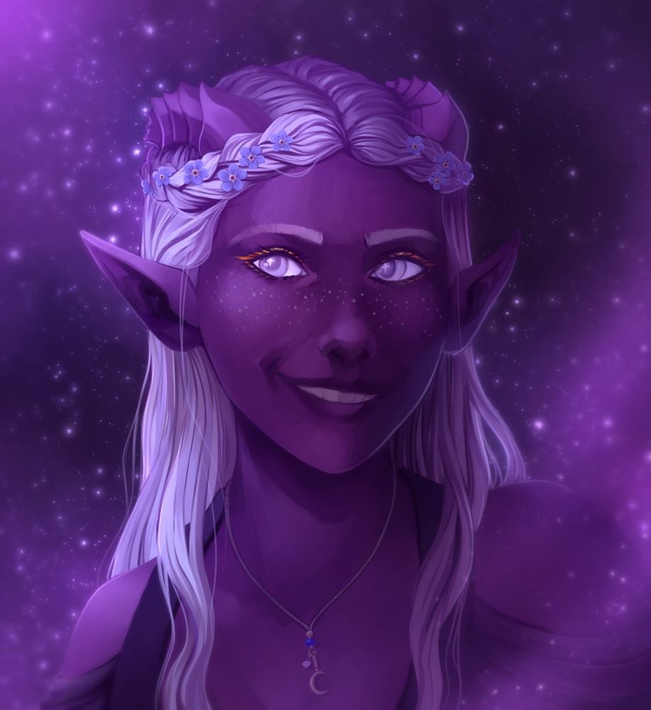 a digital painting portrait of a dark purple tiefling with long silver hair. She is smiling and surrounded by stars