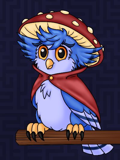 Zerahl, a cheerful blue owl with a red mushroom hat and red cape, perches on a branch.