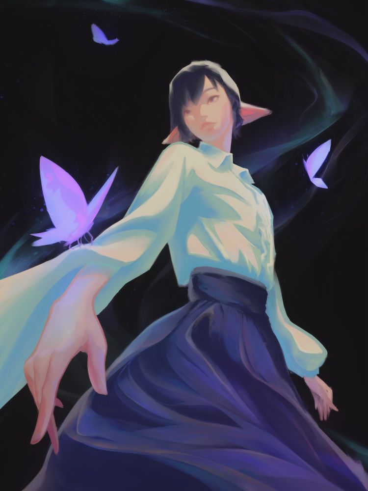 elf girl in a white shirt and a blue skirt dancing with butterflies