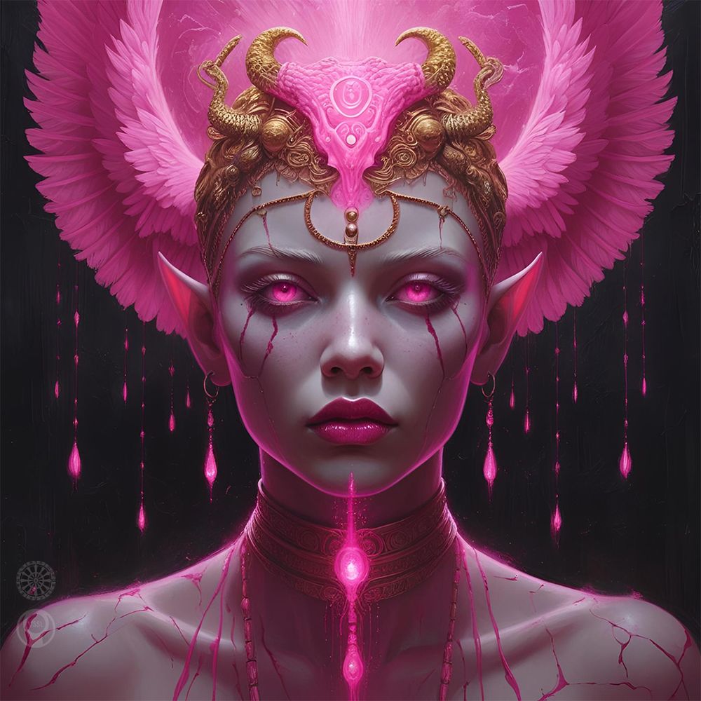 Close-up portrait of a Goddess with pink-and-gold winged headdress and glowing pink eyes, and little pink lights shining in the background.