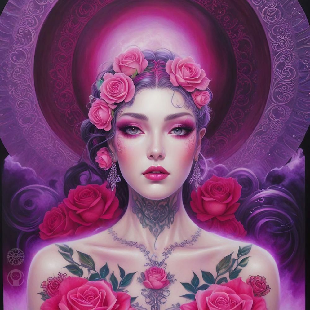 Iconography of the Goddess Astarte adorned in pink roses.