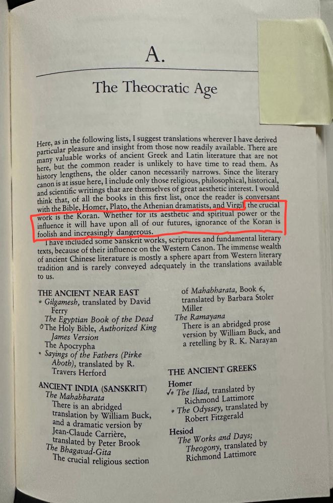 Page from The Western Canon by Harold Bloom (1994), with this text highlighted: “…the crucial work is the Koran. Whether for its aesthetic and spiritual power or the influence it will have upon all of our futures, ignorance of the Koran is foolish and increasingly dangerous.”