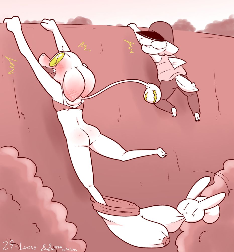 Alien girl named Ani, and an anthro shark named Pike hanging on the edge of a cliff of some kind. A small bunny-like creature is biting onto the leg of Ani's pants and has pulled them down so they're hanging off of her left foot, revealing her bare butt. Pike looks over shocked and Ani looks embarrassed.