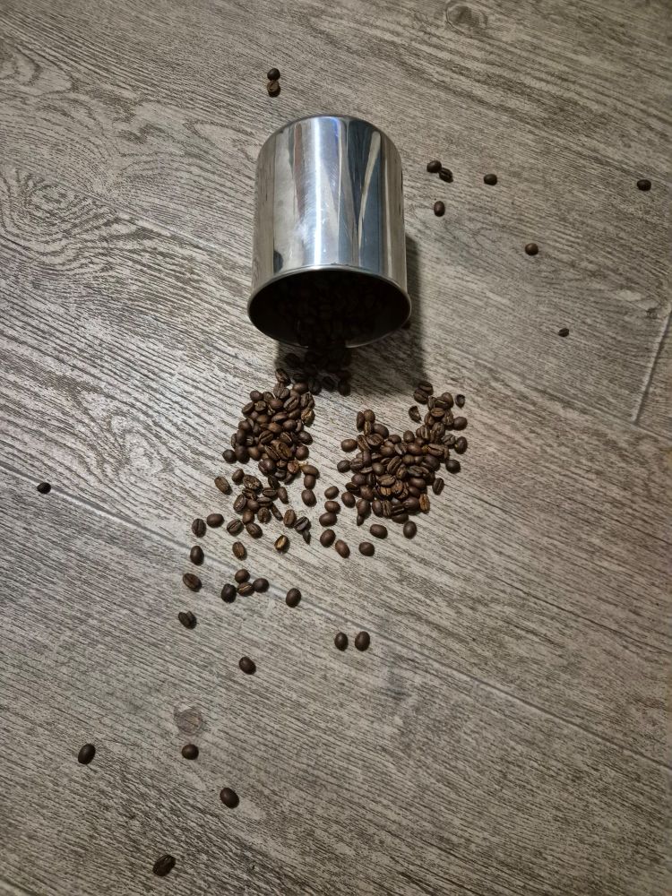 Spilt coffee beans on the kitchen floor.