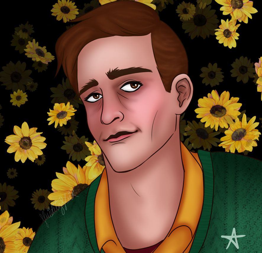 A portrait of a brunet man with short, groomed hair in a goldenrod shirt with a green sweater. He has brown eyes looking to the top right and is on top of a scattered sunflowers background