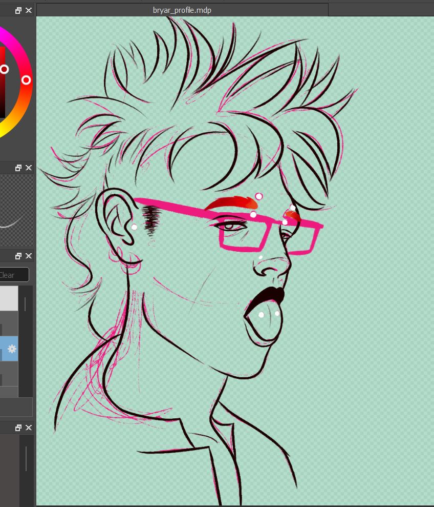 profile headshot drawing of a punk with his tongue out. he has pink glasses, a lot of piercings, and a mohawk. 