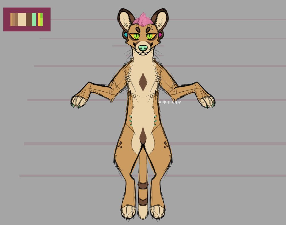 Digital art illustration. Coloured-in symmetrical sketch of a tan coloured fossa character.