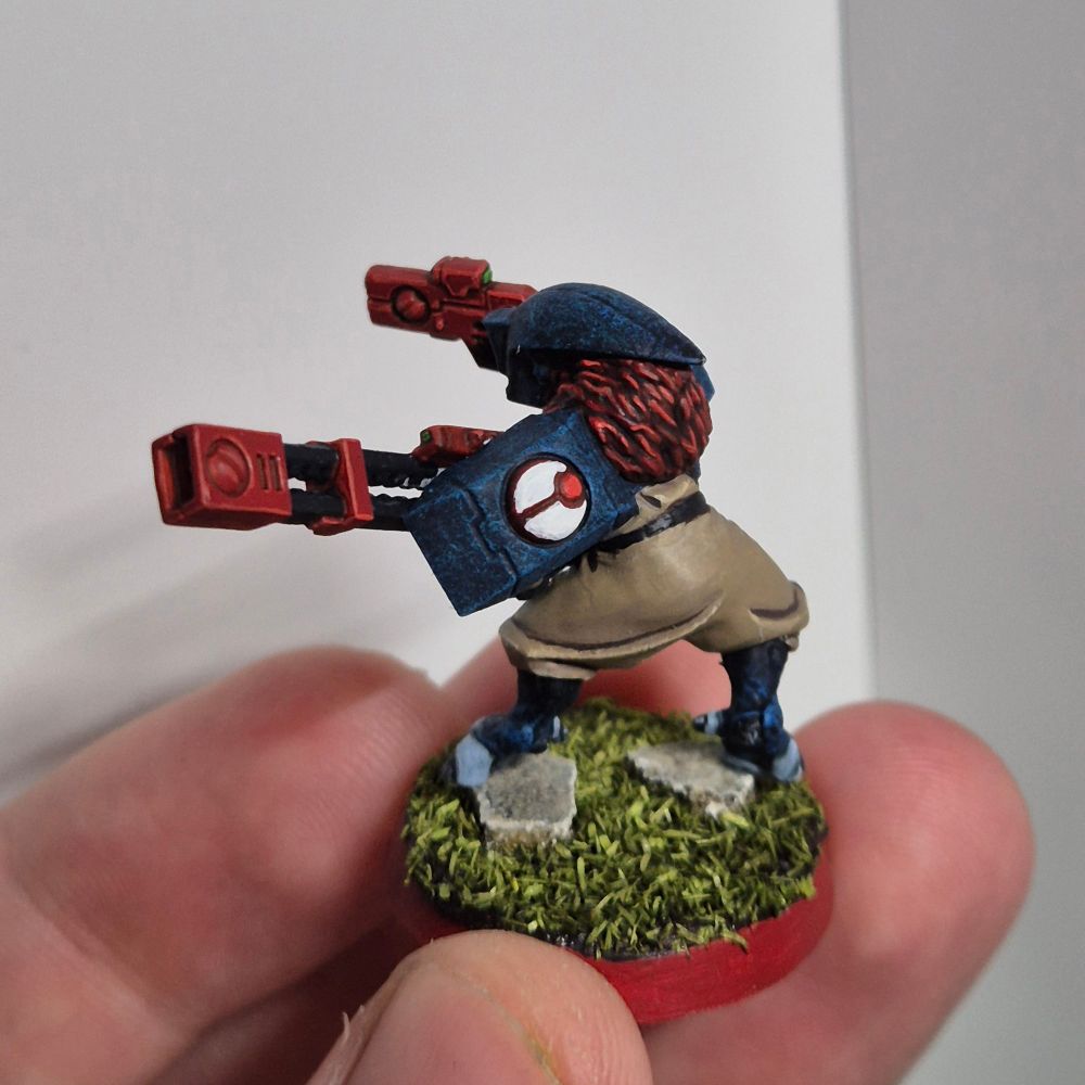 Close up of a T'au Pathfinder. His clothes are beige, the armor a deep blue with lighter blue sprinkled in. His weapons are a bright red. Around his neck is a trimming of fur, dark red in colour. The eye of his helmet is a light green.

He is standing on two stepping stones amidst gras. He is shown from the side, his shoulder armor - normally for FireWarrios - is in focus. The sept symbol is mostly white, with dark red in the deeper areas. The dot at the top is a fiery orange.