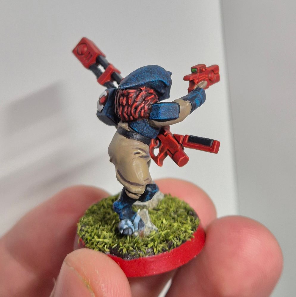 Close up of a T'au Pathfinder. His clothes are beige, the armor a deep blue with lighter blue sprinkled in. His weapons are a bright red. Around his neck is a trimming of fur, dark red in colour. The eye of his helmet is a light green.

He is standing on two stepping stones amidst gras. He is shown from behind, with the fur in focus - it almost reaches to his belt.