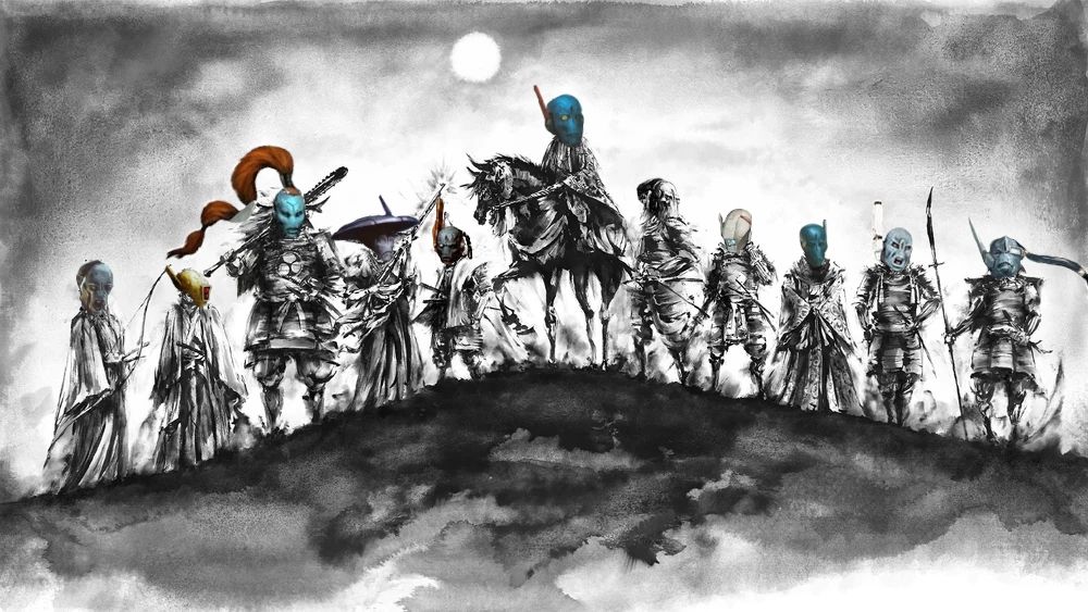 A chimera of an image: it's the gray-and-white painting of the Shinbakufu from Assassins Creed: Shadows. BUT! I edited a bunch of T'au heads on their bodies to show my ideas of my team of specialist. It's just a bunch of T'au heads from different images.
Accidentally, after two decades of hobby, I might have created my greatest artistic contribution to Warhammer with this. o.q