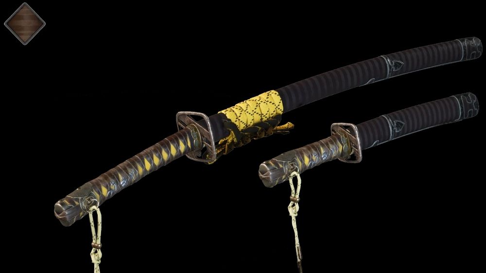 A screenshot of a sword kit style from the video game Ghost of Tsushima. It's the "Hunting Bear" style: the scabbard is striped with black and grey. A bright yellow tape of fabric is strung around the scabbard, with black dotted lines zick-zacking over it.

The colours of the sword scabbard and the fabric match the armour and the jumpsuit of the T'au Pathfinder!