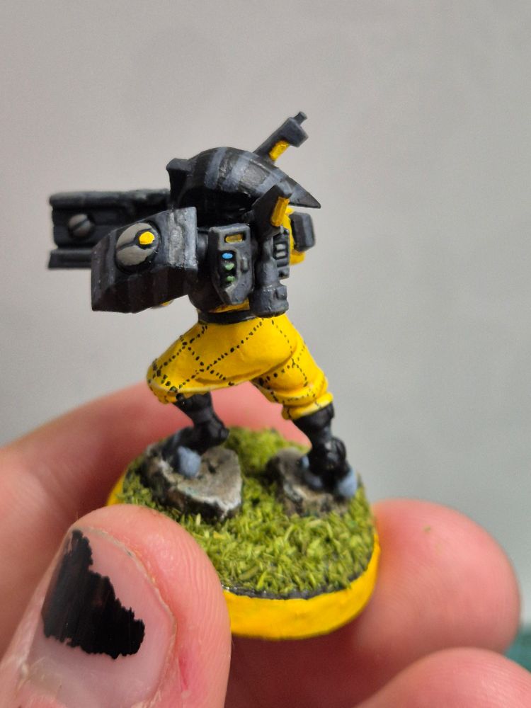 A photo showing a T'au pathfinder. His armor is a dark black, with lighter grey stripes. The sept symbol on his shoulder, taken from a Fire Warrior, is a light grey with a yellow dot on top. He is outfitted with the trappings of a drone controller, carrying the console on his back. His jumpsuit is a bright yellow, with zick-zack dotted lines crosses upon his pants.

He is shown from the side, showing more of his pants and the console on his back. He is standing on to flagstones, surrounded by green grass.