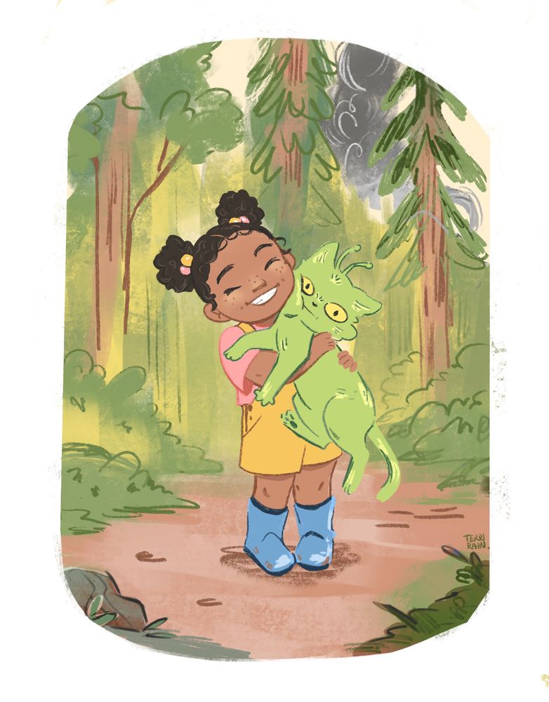 A young girl with curly pigtails and dirty rubber boots smiles broadly while holding a green cat-like alien, who has an unimpressed expression. The background is a forest with a cloud of dark smoke in the distance. 