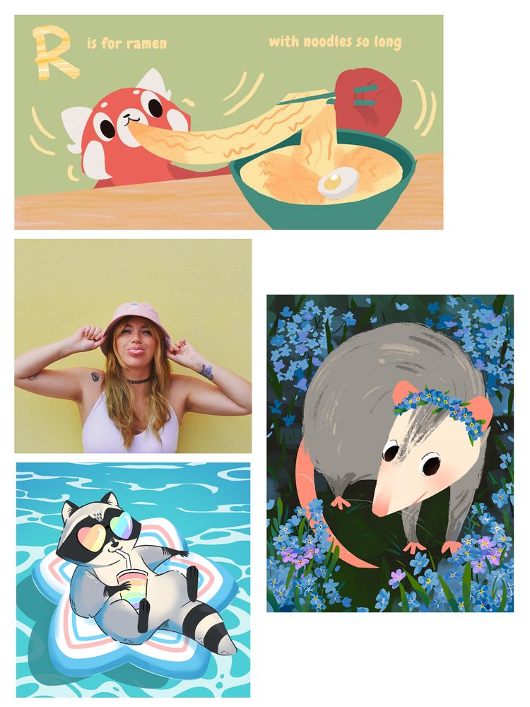 A set of colourful illustrations including a red panda eating ramen, an opossum wearing a forget-me-not flower crown, and a raccoon wearing pride sunglasses on a pool floaty. In the center, there is a photo of the artist wearing a pink hat.