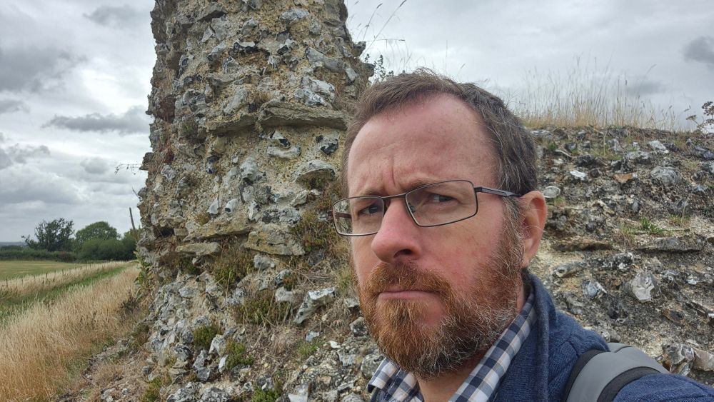 Me at Silchester. Calleva Atrebatum. Walls in the background 