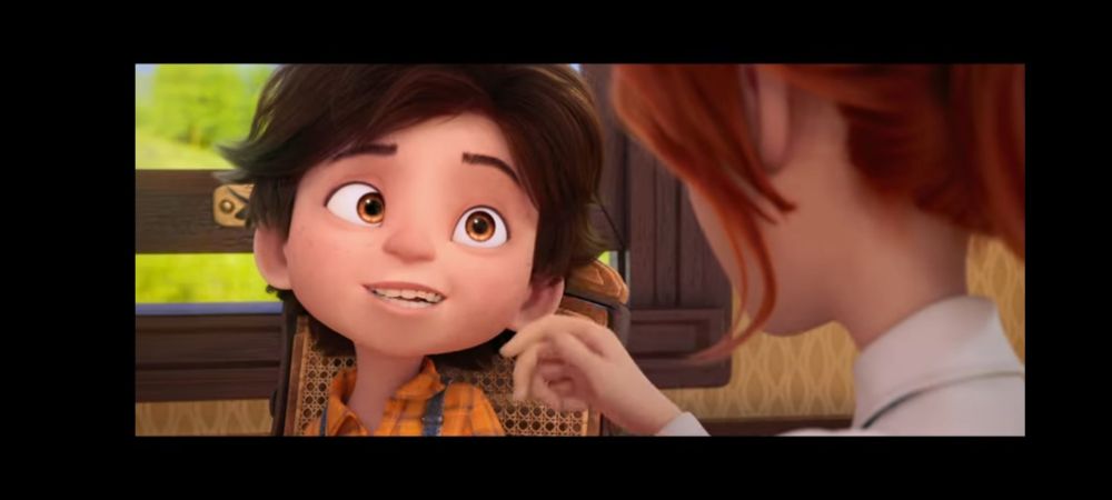 Nick a la izquierda, Eleanor su institutriz que lleva camisa blanca, piel rosada, pelo rojizo con Oleta, va acariciar a Nick 