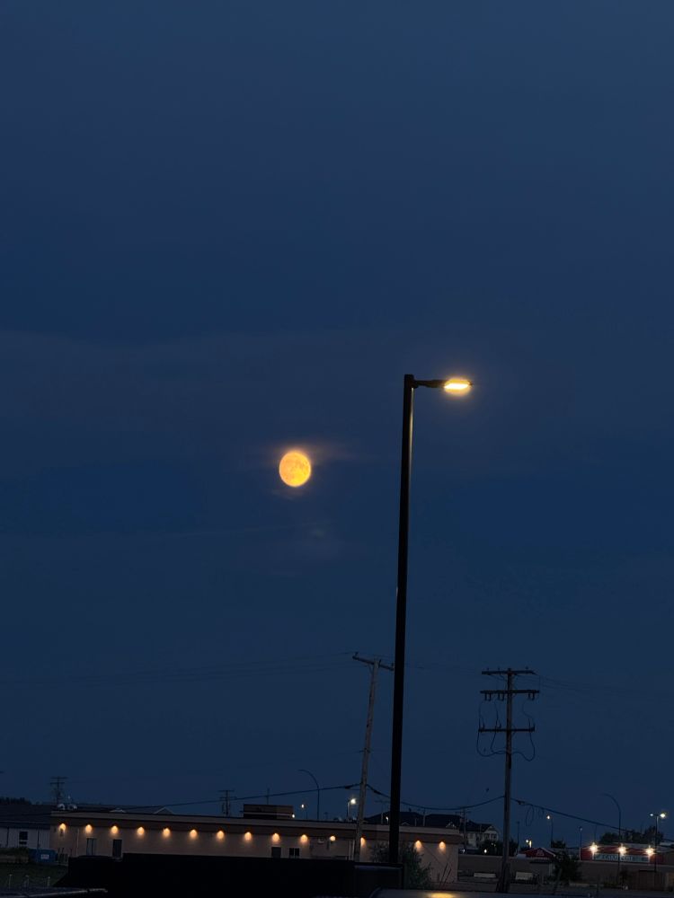 a photo of the moon in the sky in the late evening. the photo also shows a lamp post and its taken outside of my work