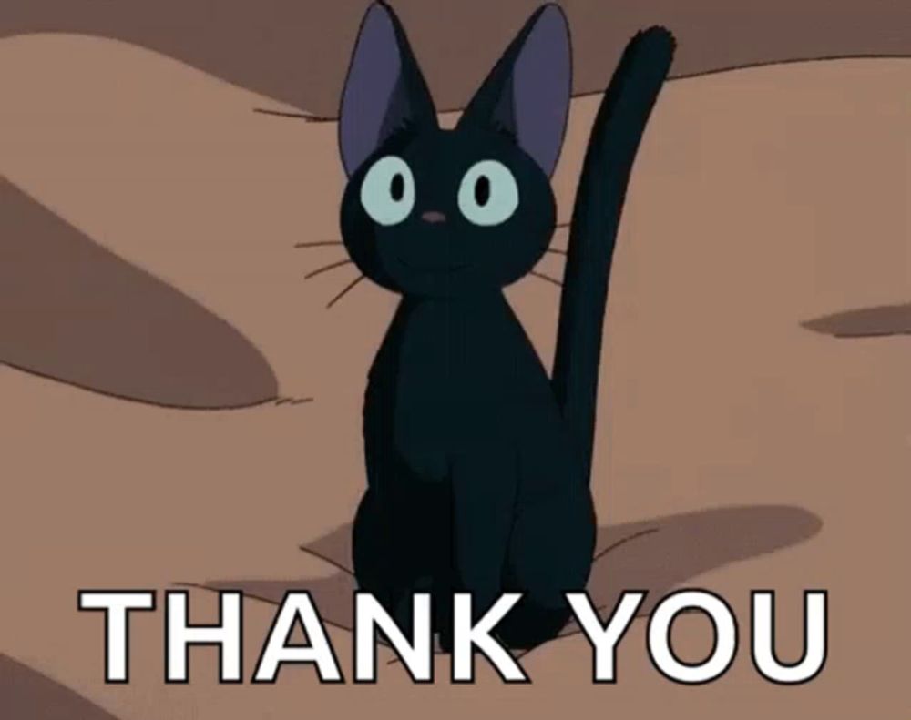 a black cat says thank you in front of a brown background