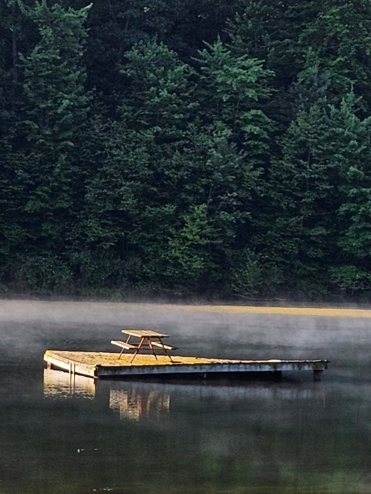 A small warped dock is in the middle of a foggy lake.  It has an ancient picnic table on it.