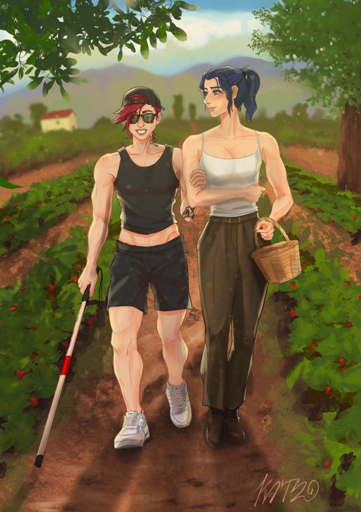 A digital illustration about Vi and Caitlyn (from Arcane) walking together down a farm  field for a strawberry picking date. Vi is visually impaired, while holding her cane with her right hand, her left arm is intertwined with cait's right arm guiding the way while holding a basket in her left arm. They're both in summer apperal: vi is wearing a backwards black cap, black sunglasses, a dark tank top and black short with white air force 1. Cait has her hair in a ponytail, a white top with thin strands, long elegant brown pants with leather boots. She's longingly looking at vi, lovingly while the other smiles. Strawberry bushes frame their path in a warm light.