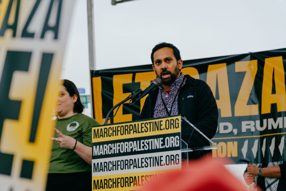 National DSA Co-Chair, Ashik Siddique, speaks at the March for Palestine in Washington DC. April 5th, 2025. Photo by Wyatt Souers