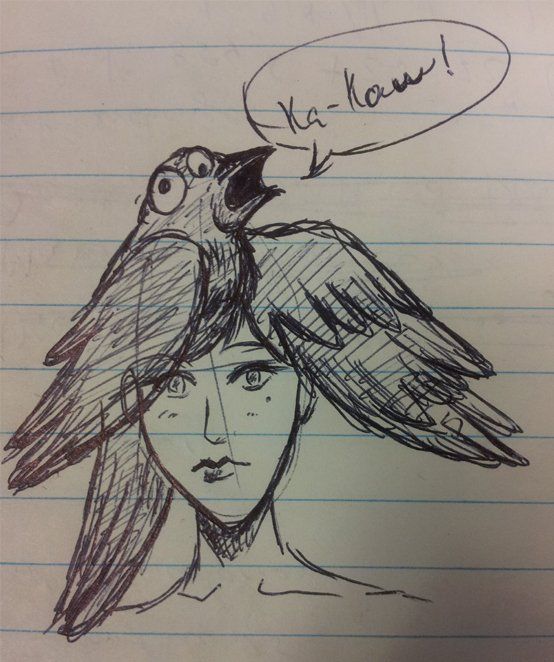 A woman with a literal raven in lieu of hair.