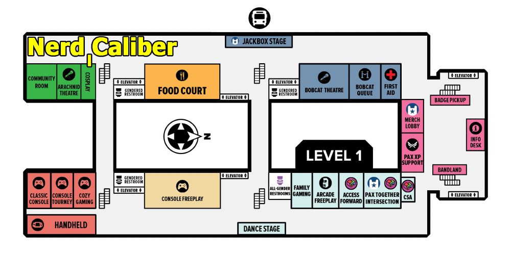 A map shows the level 1 layout of the Boston Convention & Exhibition Center during PAX East 2025.