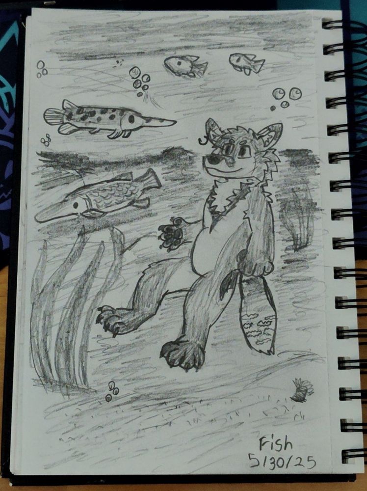 Sketchbook drawing of Scoutr next to a gar