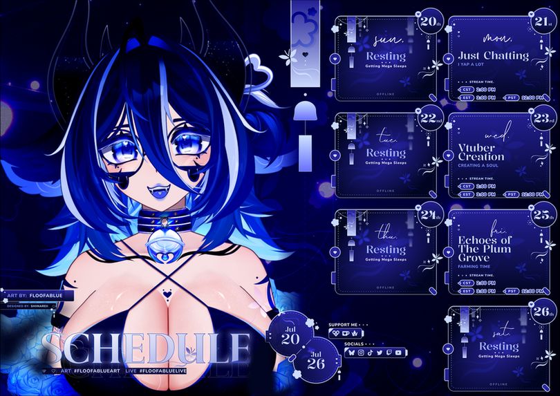 Floofablue's streaming schedule! She will be streaming Just Chatting on the 21st, Rigging a Vtuber Model on the 23rd & then playing Echoes of The Plum Grove on the 25th! All starting at 3pm EST.