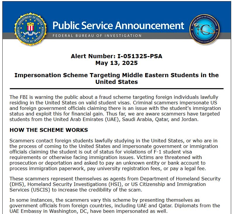 Screenshot of FBI public service announcement regarding scams targeting foreign nationals