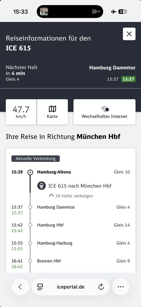 Screenshot aus dem ICE-Portal: Oben steht die aktuelle Uhrzeit 15:33. Angezeigt werden Reiseinformationen für den Zug ICE 615. Der nächste Halt ist in 4 Minuten in Hamburg Dammtor, Ankunft 15:37. Darunter drei Kacheln: Geschwindigkeit 47,7 km/h, Karte, und Hinweis „Wechselhaftes Internet“. Weiter unten folgt die Verbindung in Richtung München Hbf mit Zwischenhalten: Hamburg-Altona (Abfahrt 15:29), Hamburg Dammtor (15:37, Gleis 4), Hamburg Hbf (15:42, Gleis 14), Hamburg-Harburg (15:55, Gleis 4) und Bremen Hbf (16:41/16:42, Gleis 9). Unten befindet sich die Navigationsleiste der Website iceportal.de.