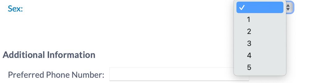 Screen shot from an online survey where the question is "Sex:" and the options are 1, 2, 3, 4, and 5.