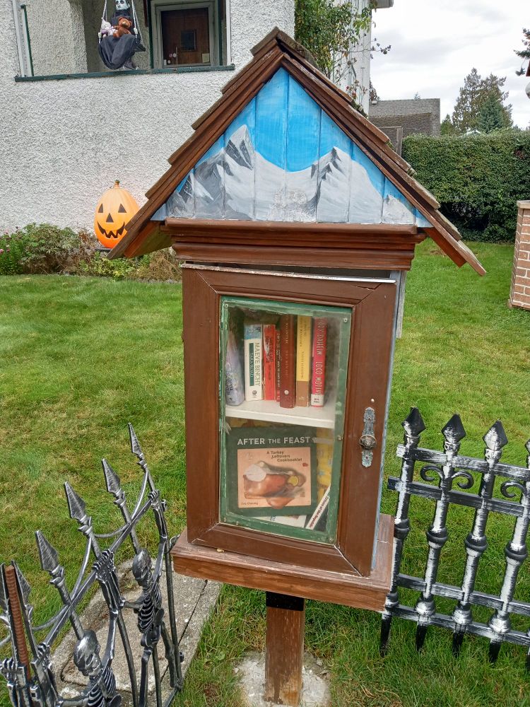 A Little Free Library with the book *After the Feast* visible through the window.
