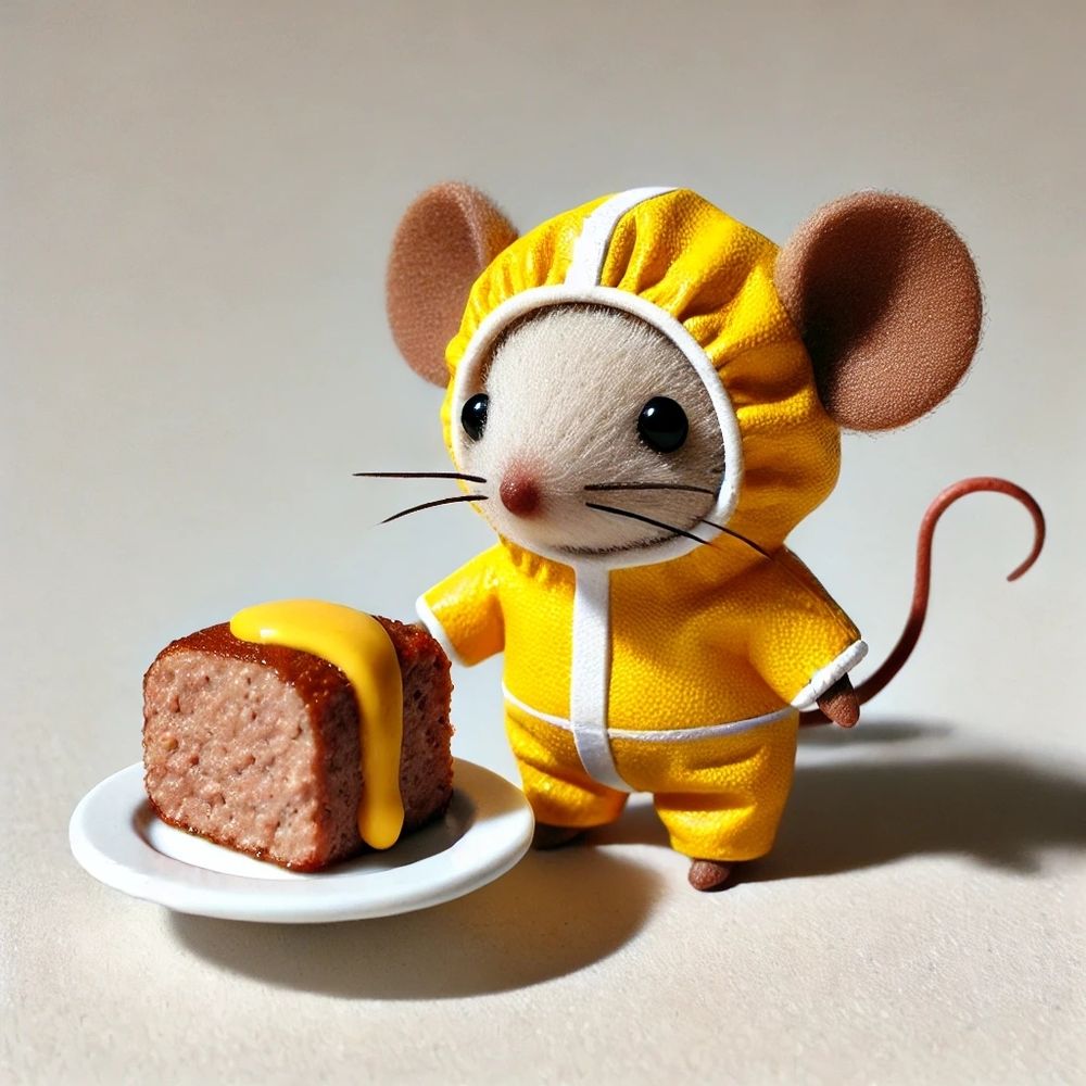 Eine Maus in einem gelben Anzug, vor ihr liegt auf einem Teller ein Stück veganer Leberkäse mit Senf.