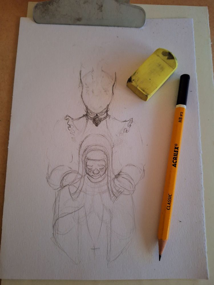 Desenho de uma freira e alguém atrás dela.